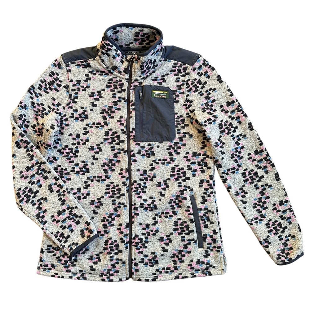L.L.Bean Sweater Fleece Jacket Womens M Gray Pink Blue Pixel Print Excellent
